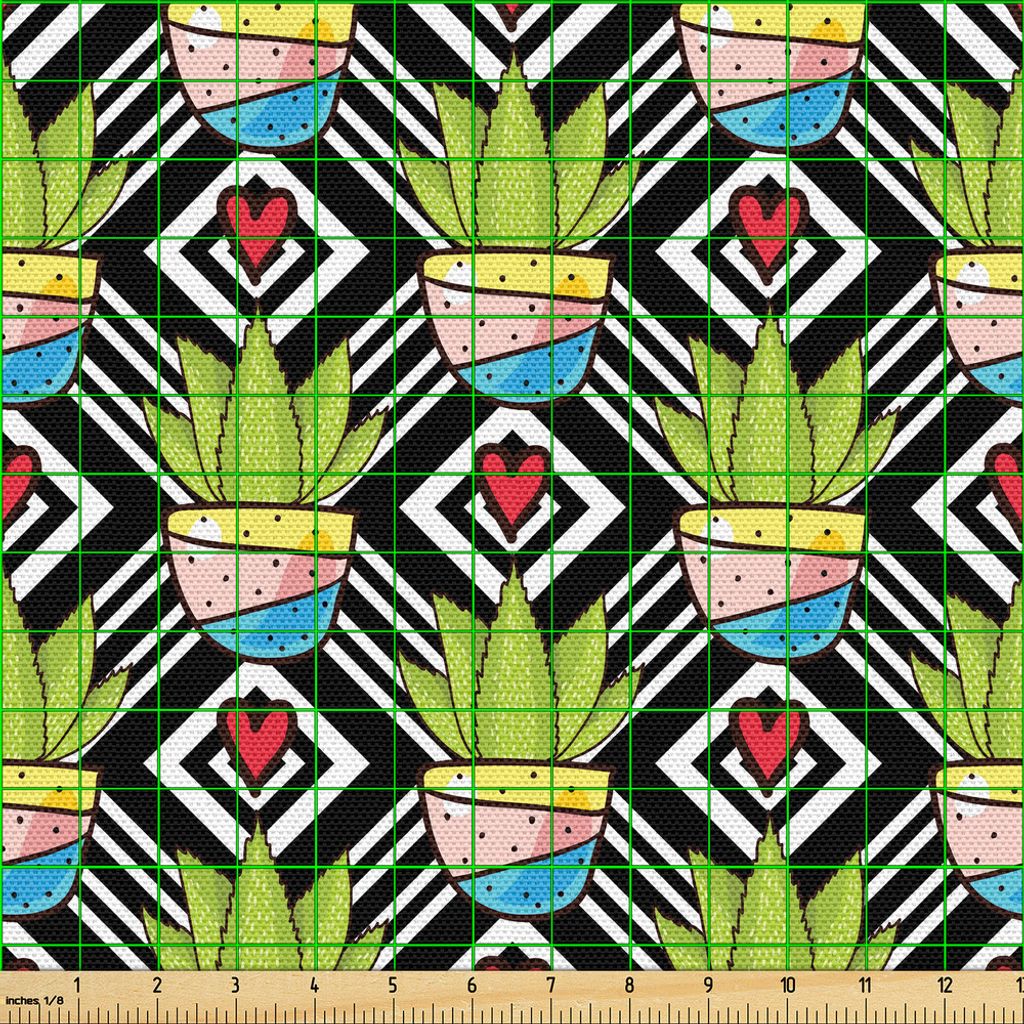 ABAKUHAUS Kaktus Gewebe als Meterware, Liebes-Themed Geometric-Hintergrund-Diamant-Muster-Rechtecke mit Anlagen in den Töpfen, 5 M (148 x 500 cm),...