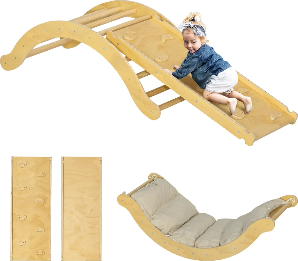 AIYAPLAY Set di strutture per arrampicata 4 in 1 con scivolo, triangolo di arrampicata per scivolare e arrampicarsi, giocattolo per arrampicata in legno, per bambini da 1,5 a 4 anni, per interni, in legno naturale