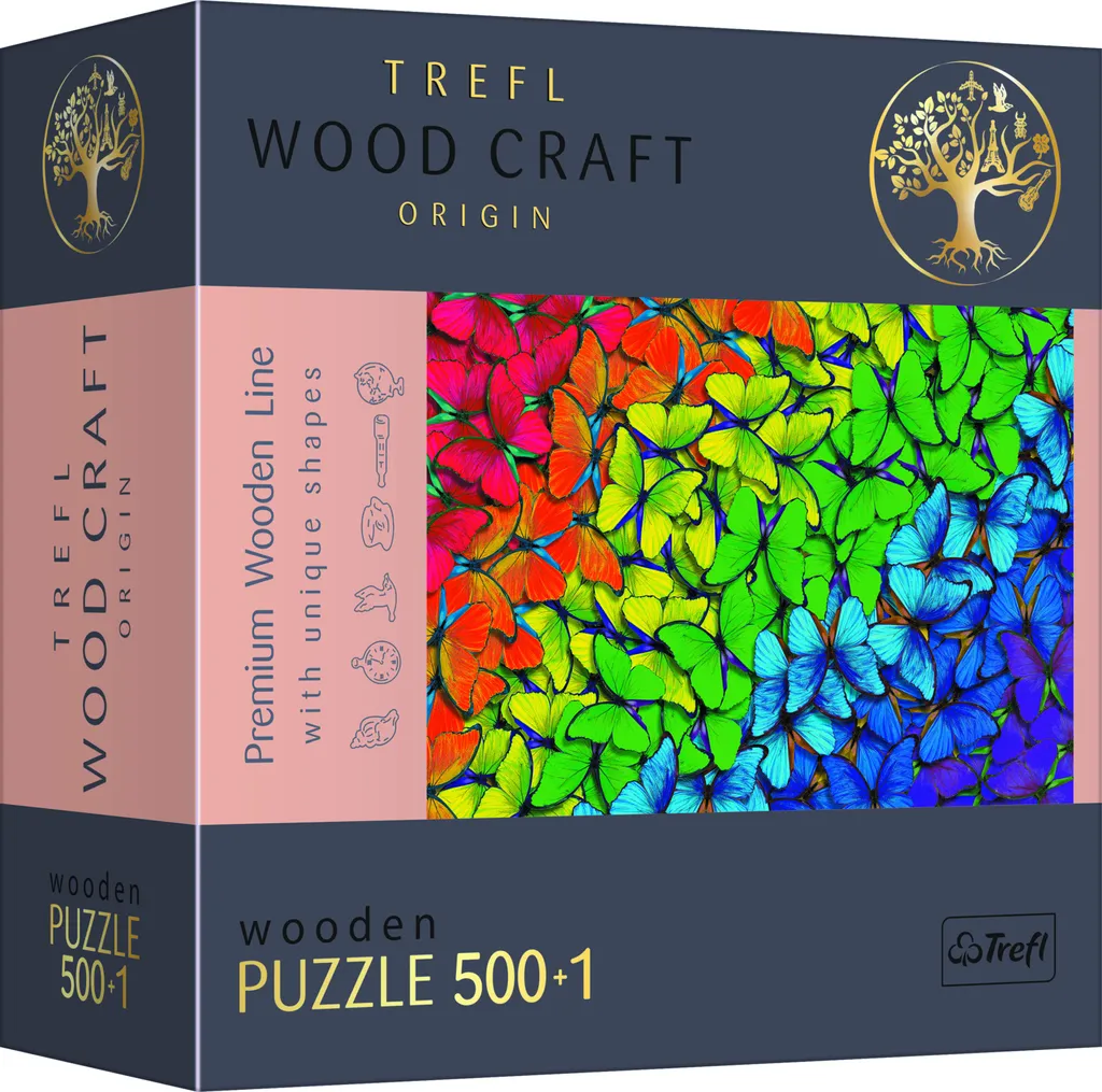 Puzzle artistique bois 501 pièces papillons arc-en-ciel avec figurines
