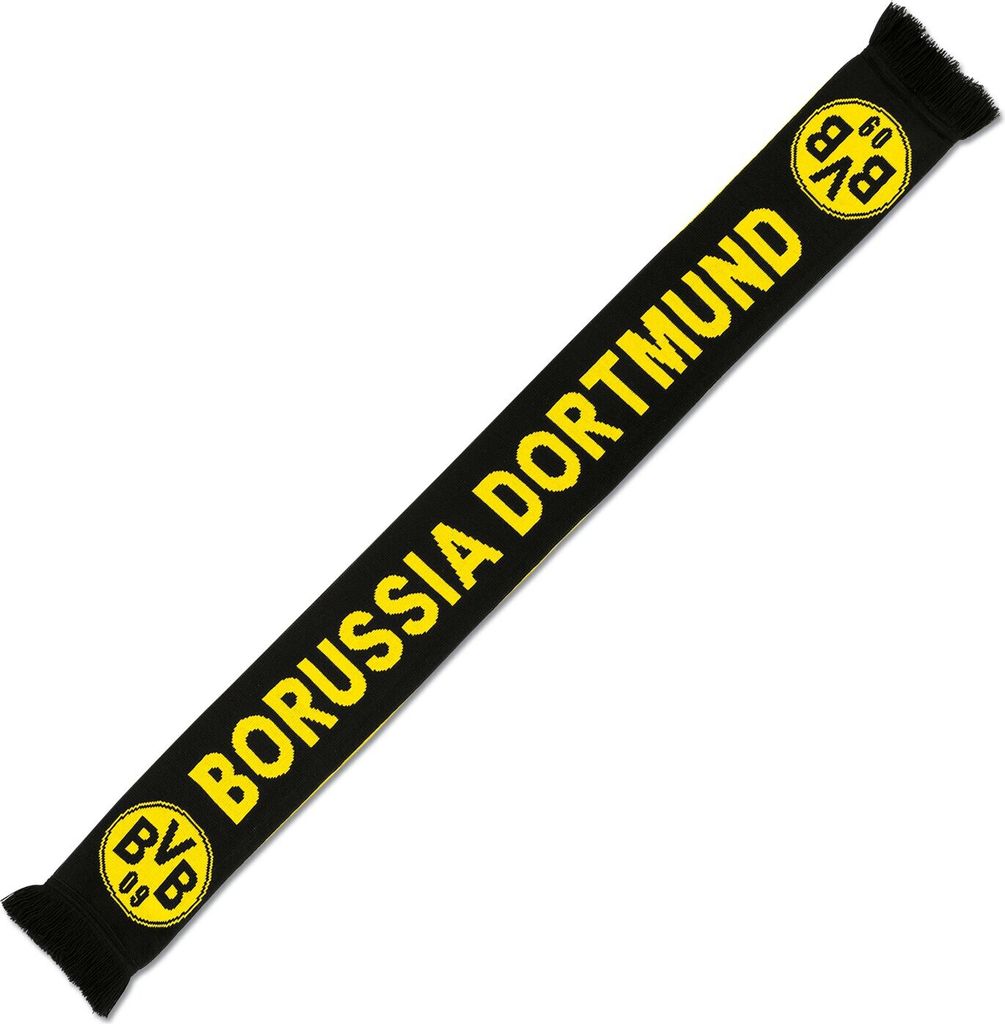 A black and yellow Borussia Dortmund scarf is laid out diagonally on a white background.