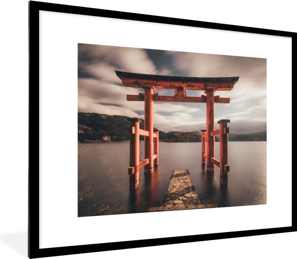 MuchoWow MuchoWow Gerahmtes Poster Tor - Berg - Japan 80x60 cm - Poster mit zchwarzem Bilderrahmen - Schlafzimmer-Dekorationen - Fotoposter