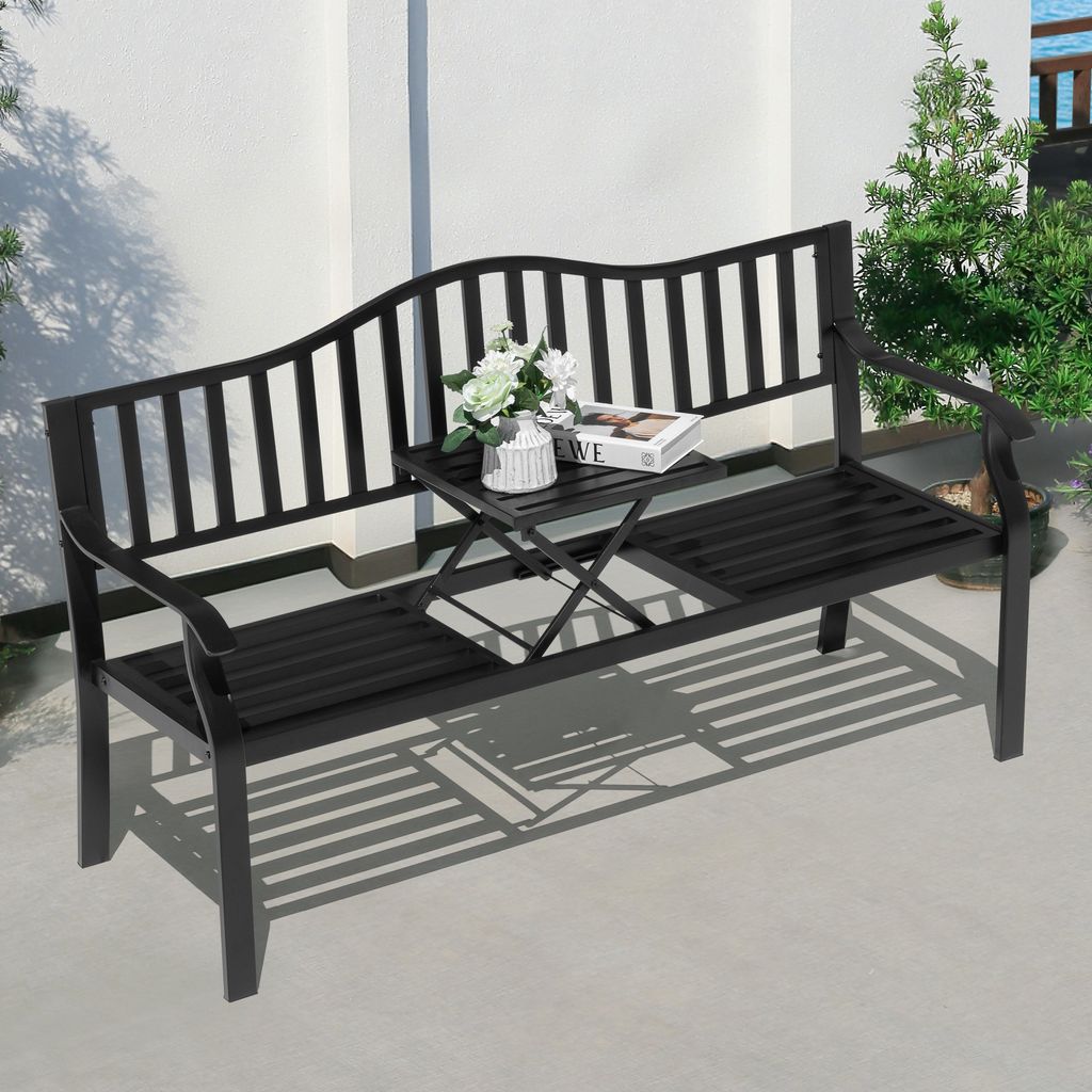 E-beschichtete Metal Gartenbank mit integriertem Tisch & Produktbild 
