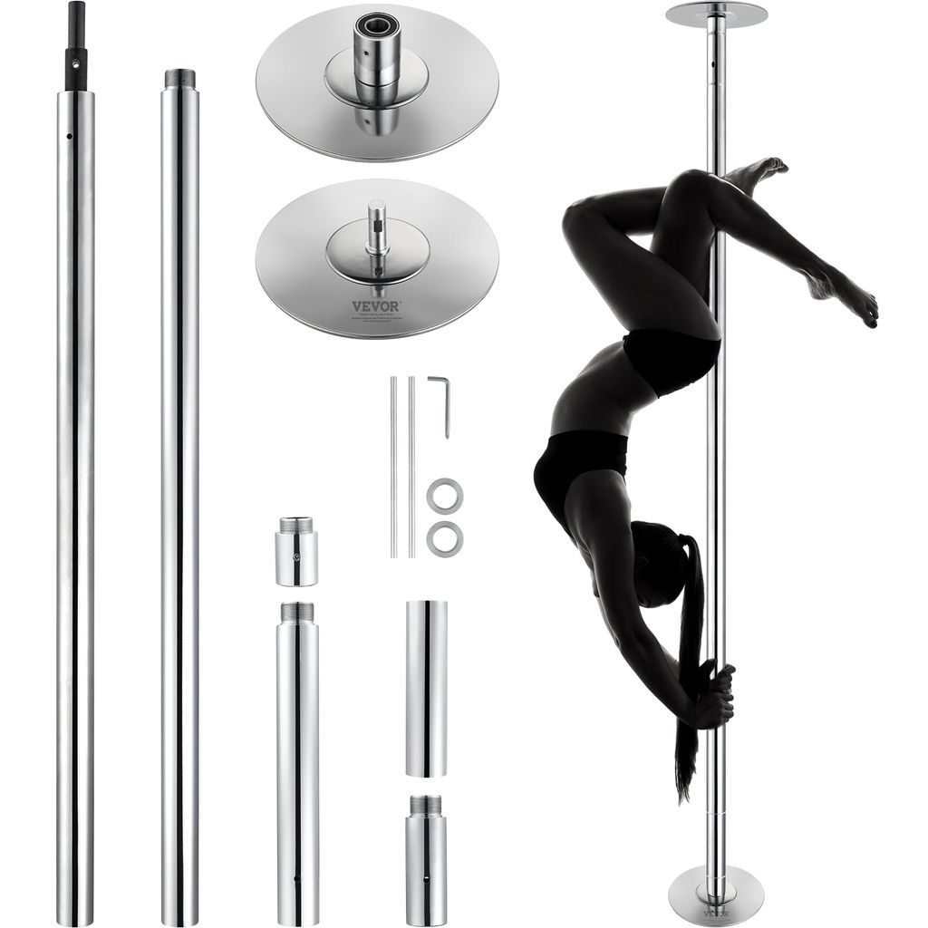 A person is performing a pose on a dance pole, with various parts of the dance pole assembly laid out on the left side of the image.