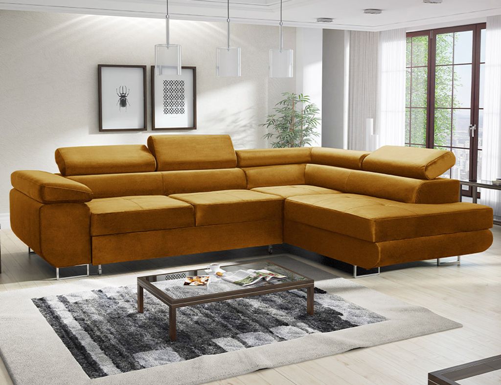 MODERNO Ecksofa mit Schlaffunktion AVESTA, Schlafcouch Wohnlandschaft, Gold, Breite Rechts
