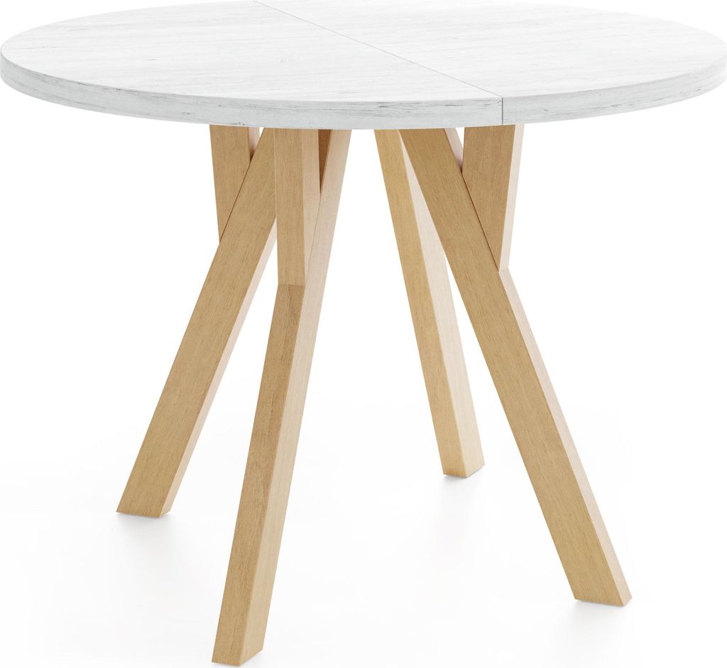 Runder Ausziehbarer Esstisch im Loft-Stil – Industrieller Tisch mit Holzbeinen – Platzsparender Tisch für Wohnzimmer – Kiefer Weiß – 100 ...