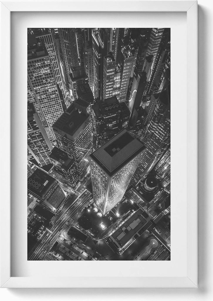 Die große Stadt bei Nacht aus der Vogelperspektive– Wandbild mit Rahmen – Gerahmtes Bild – Wanddekoration – 40x60 cm – Weiß