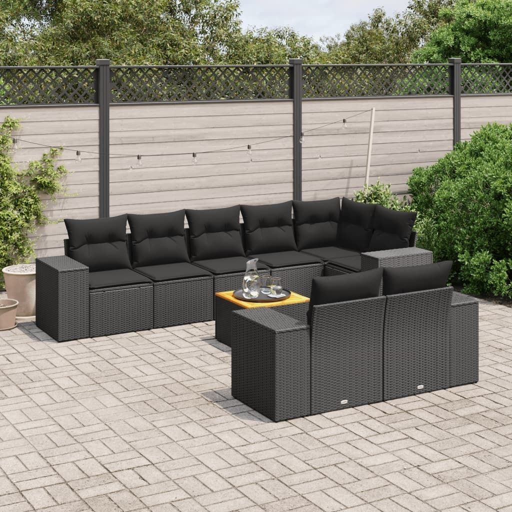 Möbel 9-tlg. Garten-Sofagarnitur mit Kissen Schwarz Poly Rattan - Gartenmöbelgarnituren 3257861