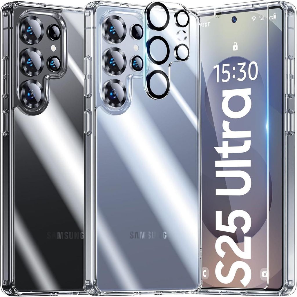 A collage of clear phone cases with camera lens protectors, showcasing different angles and the phone screen.