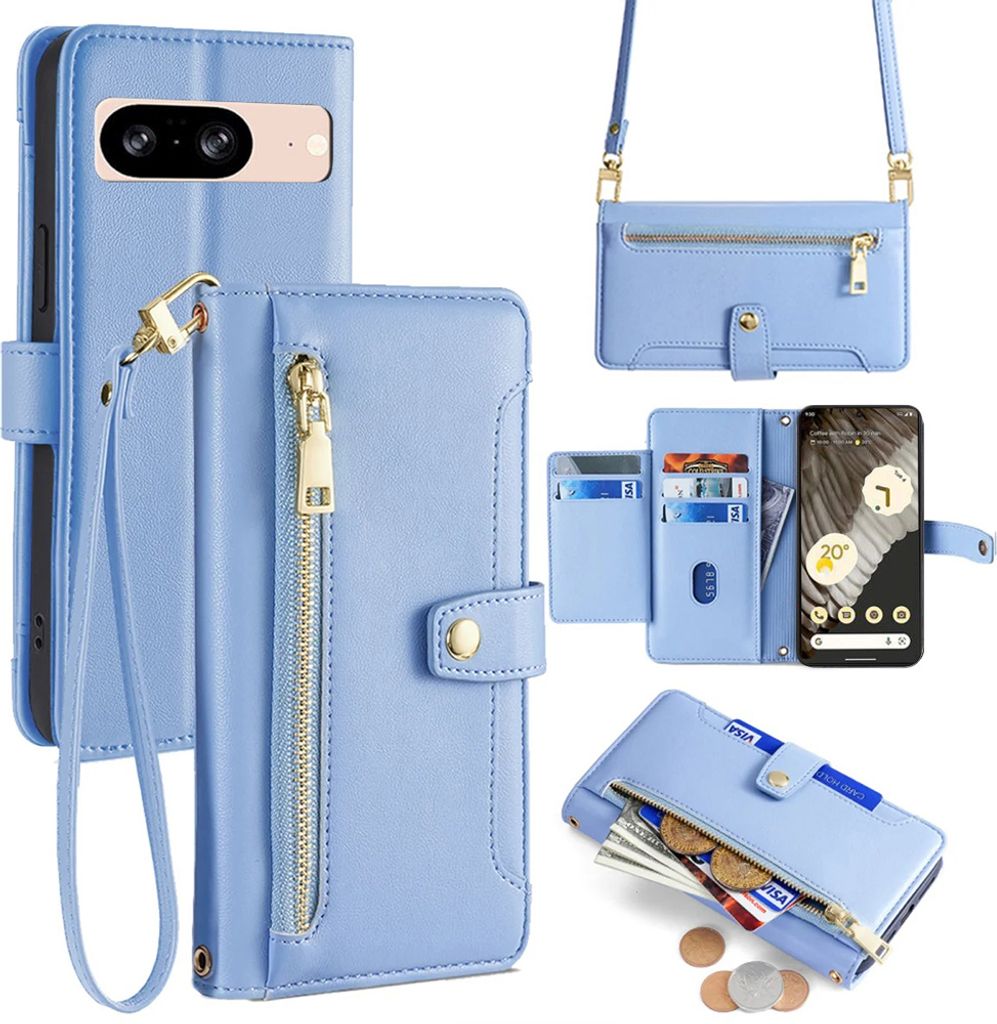 Handykette Google Hülle mit Band Handyhülle Kartenfächer Kunstleder Umhängetasche Pixel 7 Pro Hellblau