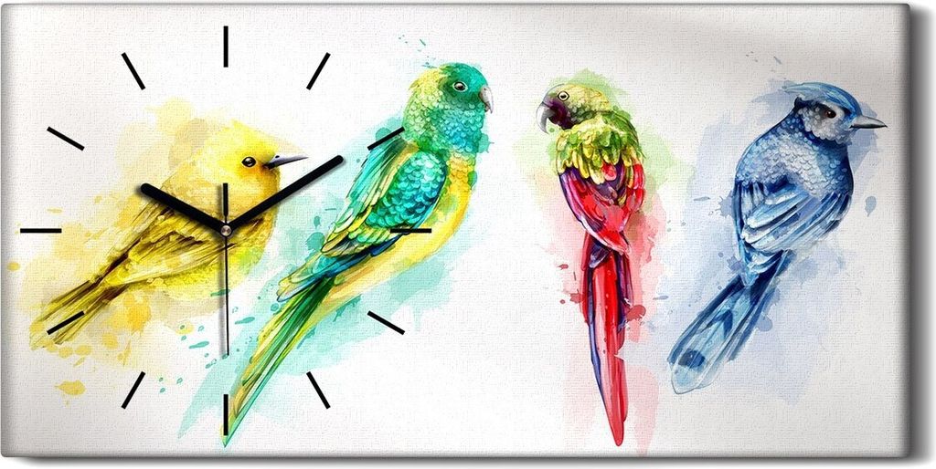 Wanduhr Leinwand Bild Uhr Geräuschlos 60x30 tropische Vögel Aquarellfarbe - schwarze Hände