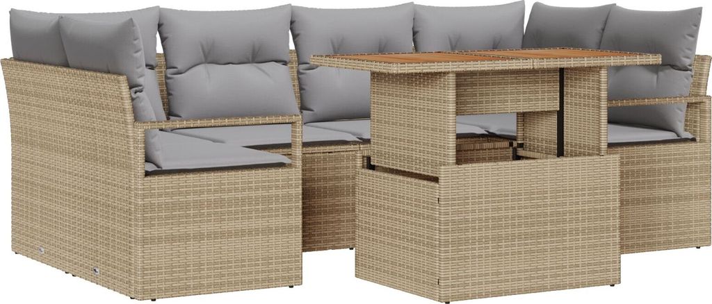 Möbel 7-teiliges Garten Sofa Set mit Kissen Beige Poly Rattan Akazie, 2-Sitzer Garten Sofa mit Kissen Beige Poly Rattan - Gartensofas 3349664