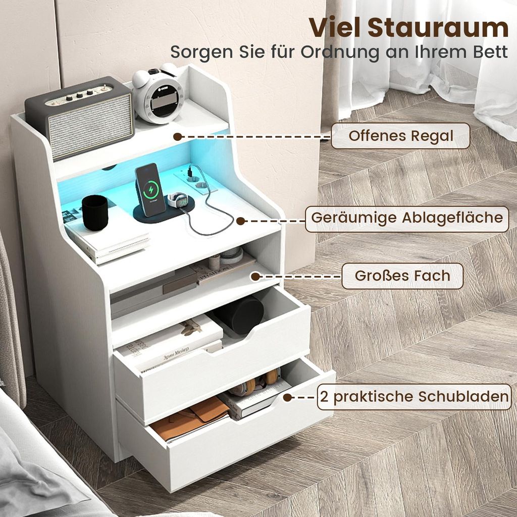 Lvifur Comodino con luce LED, comodino con funzione di ricarica, comodino con sensore automatico per la camera da letto con 20 colori RGB e scomparti aperti Bianco