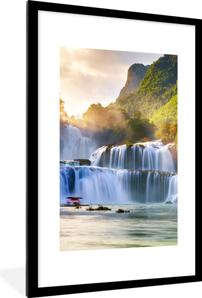 MuchoWow Gerahmtes Poster Wasserfall - Pflanzen - Sonne - Wasser - Natur 60x90 cm - Poster mit Schwarzem Bilderrahmen Wandposter Rahmen Foto Bild...