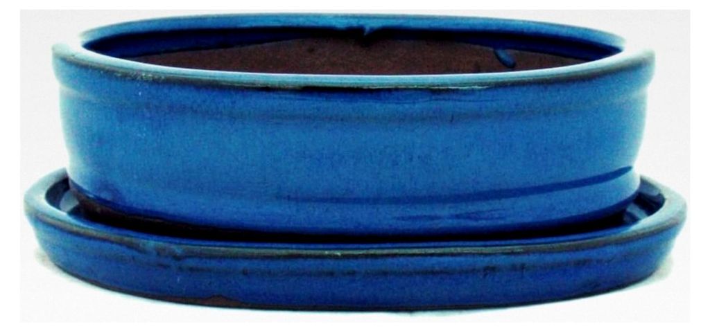 Bonsai-Schale mit Unterteller Größe 2 - Blau - oval - 15,5 cm x 12 cm x 4,5 cm
