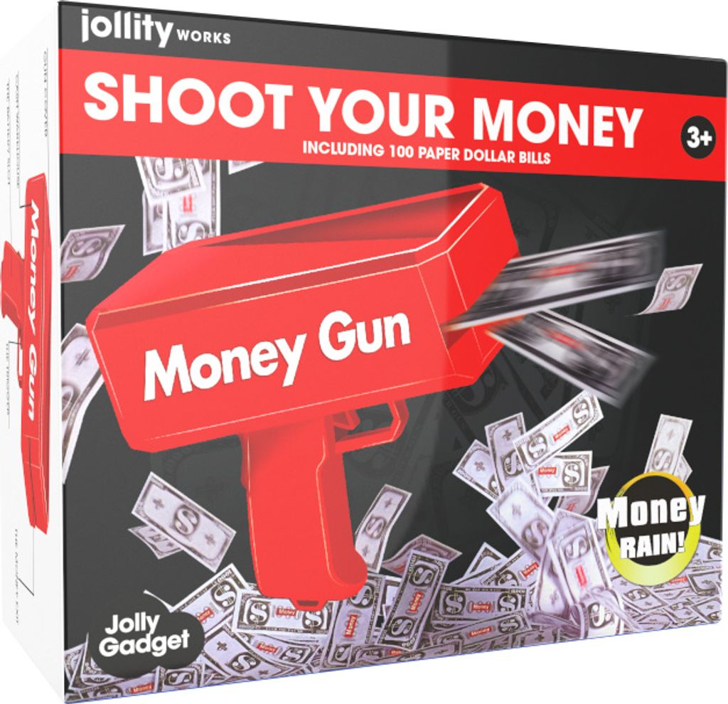 The image shows the packaging of a "Money Gun" toy, with the toy itself prominently displayed, shooting fake dollar bills.