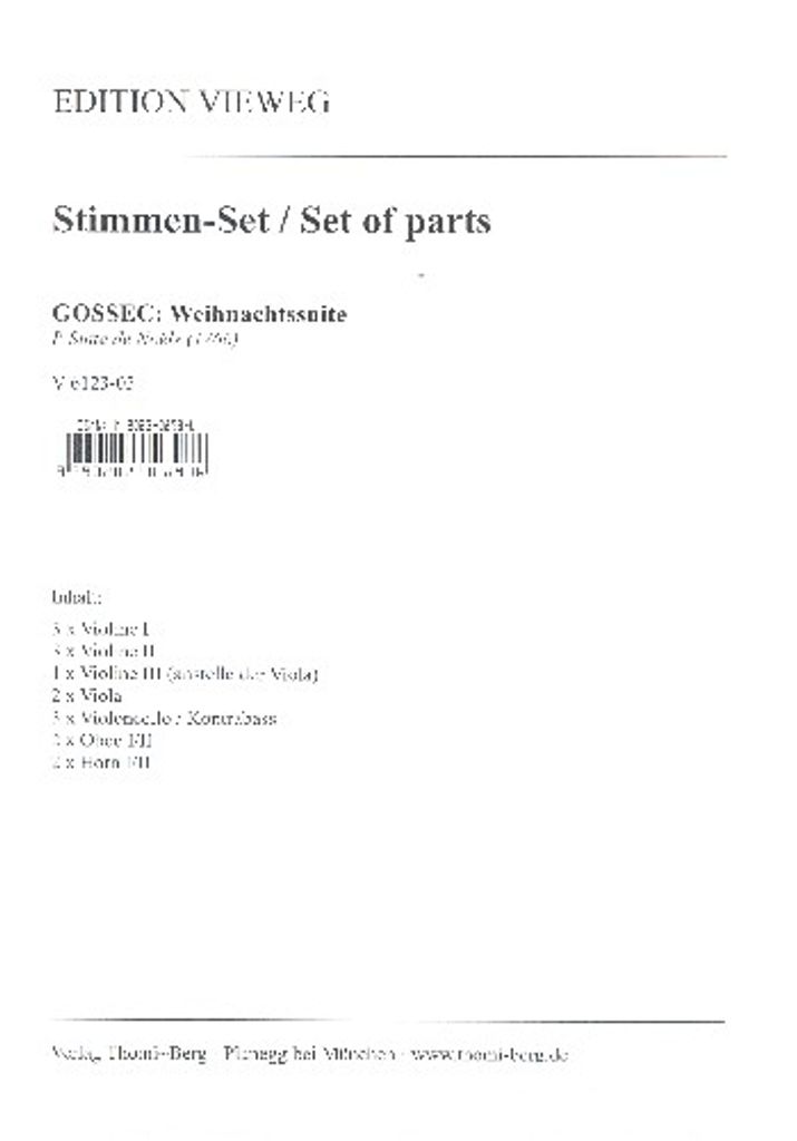 Weihnachtssuite für gem Chor, 2 Oboen (2 Flöten), Streicher und Bc (2 Hörner ad lib) Stimmensatz (Streicher 3-3-1--2-3)