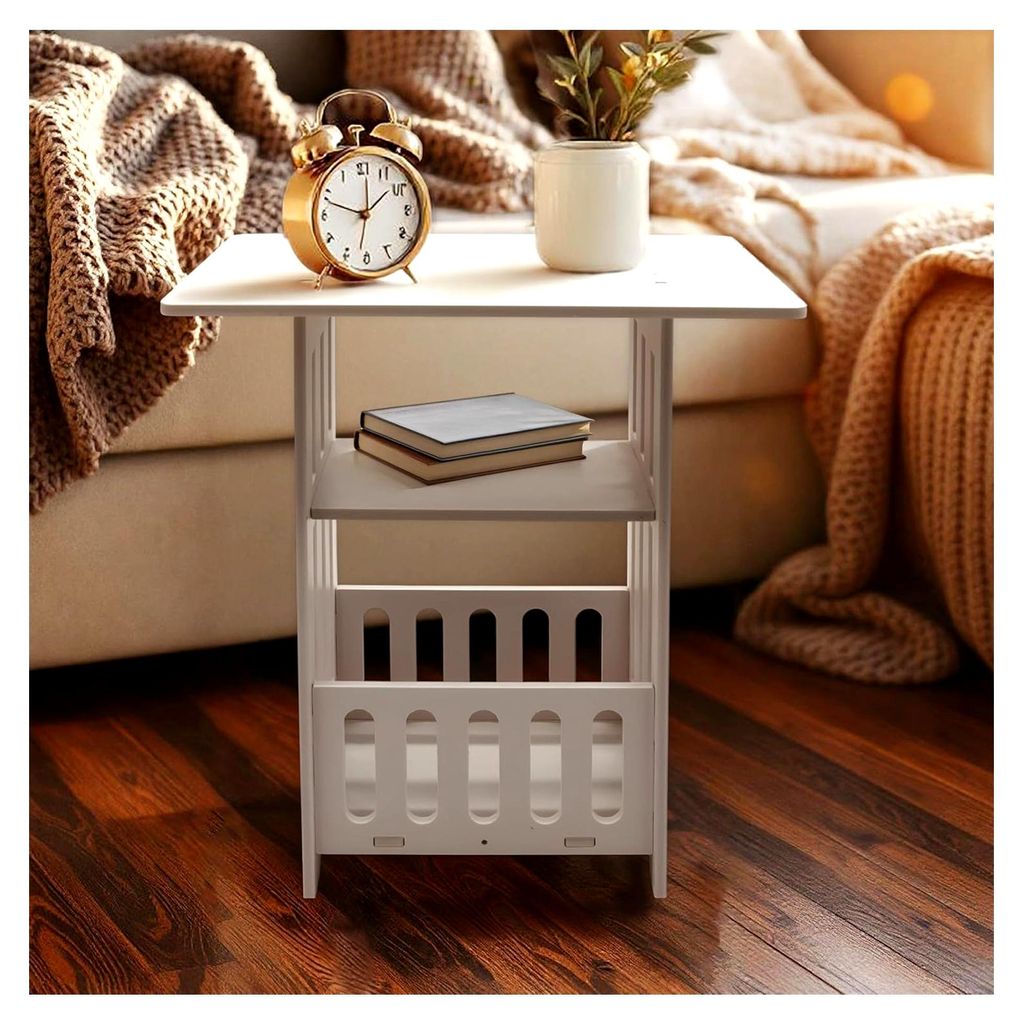 Weißer Nachttisch mit Ablagekorb und Staufach - 40 x 36 cm - Beistelltisch aus Holz mit 3 Ebenen - Stecksystem für Wohn- und Couchtisch mit Aufbe...