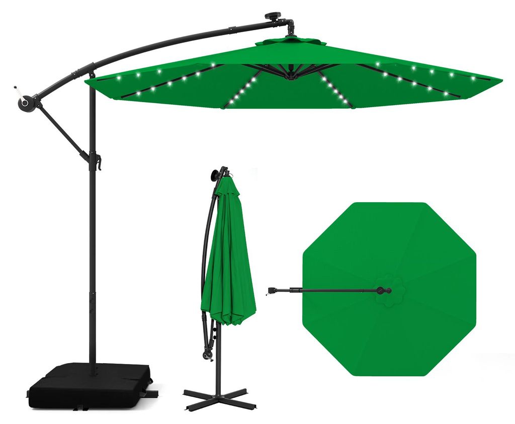 COSTWAY 300 cm Sonnenschirm mit Ständer & LED-Leuchten, Ampelschirm mit Kurbel, Gartenschirm, UV-Schutz, Marktschirm, Terrassenschirm Grün