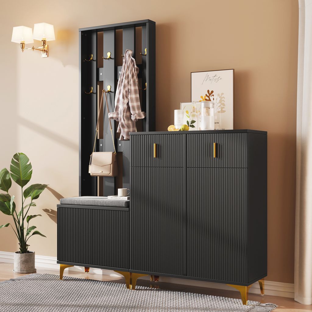 A hallway furniture set including a coat rack, bench, and shoe cabinet.