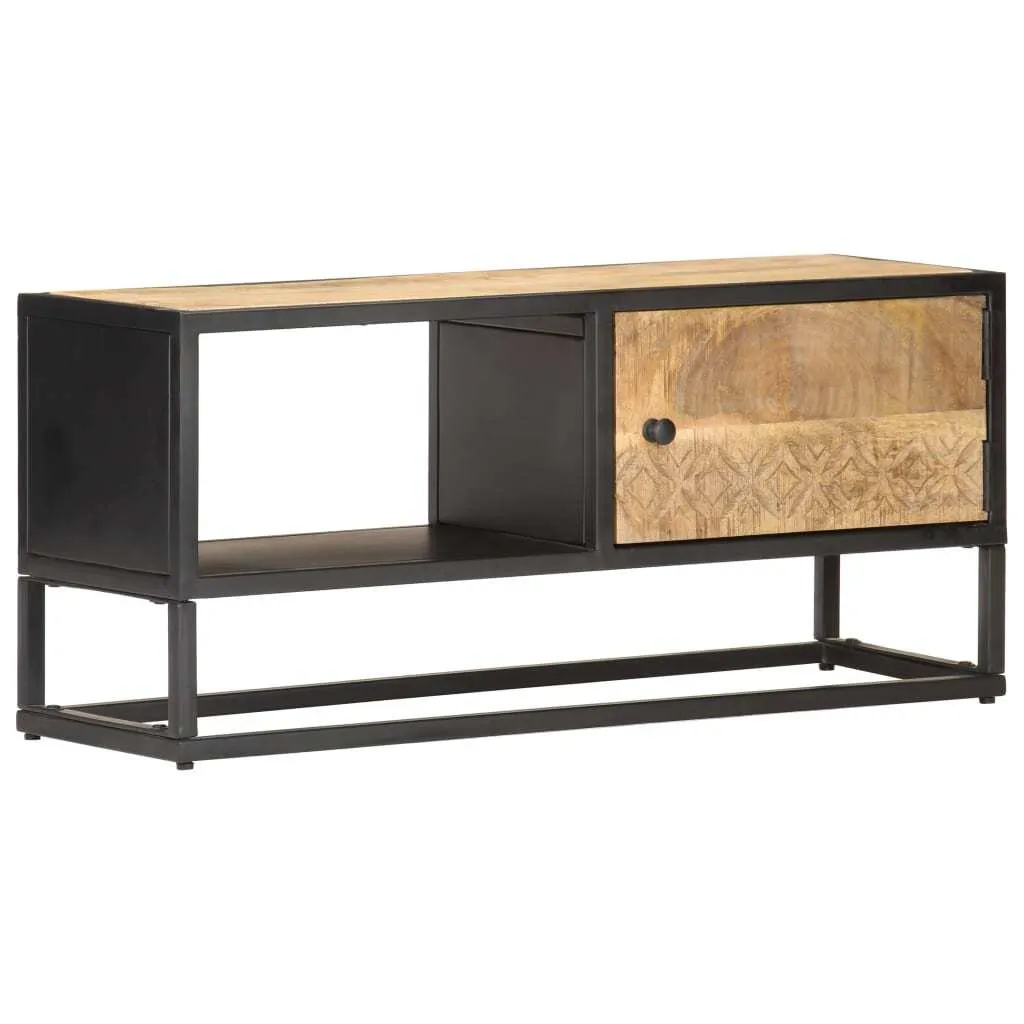 Meuble TV bas en bois massif sculpté - Buffet multimédia exotique 90cm