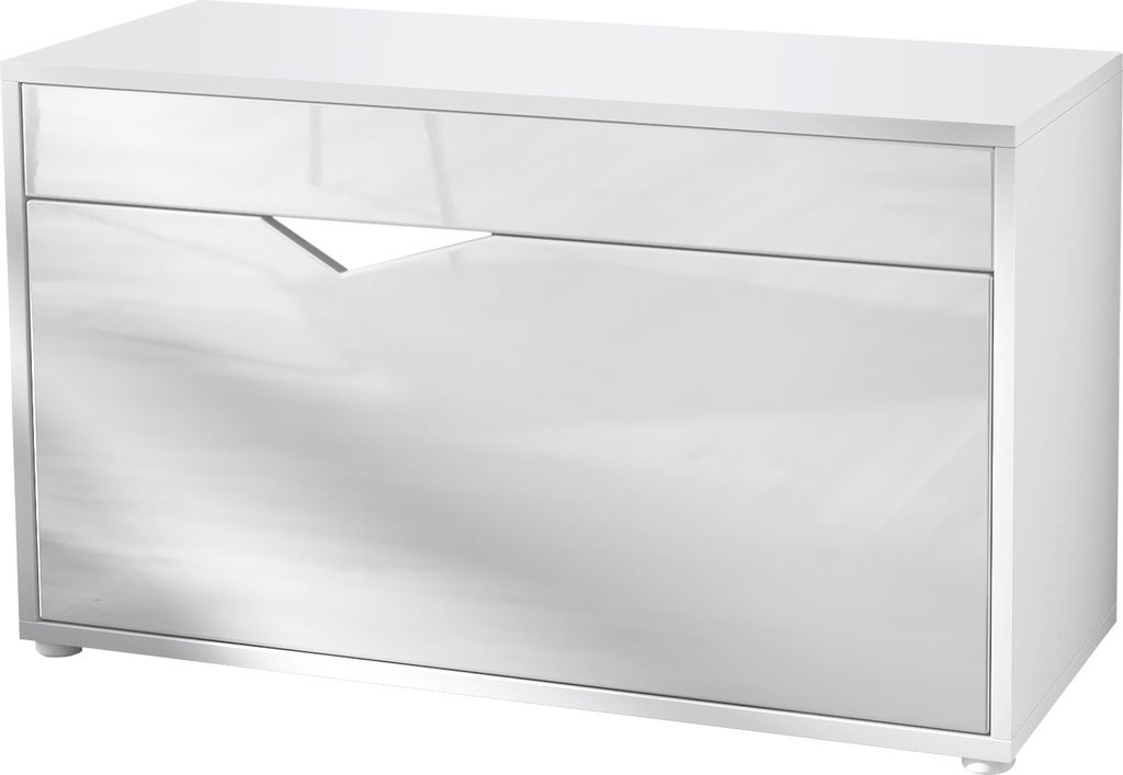 Vladon Kolmio Schuhbank, Sitzbank für 8 Paar Schuhe, Schuhregal mit Sitzfläche, Weiß matt/Weiß Hochglanz (85 x 50 x 33 cm)