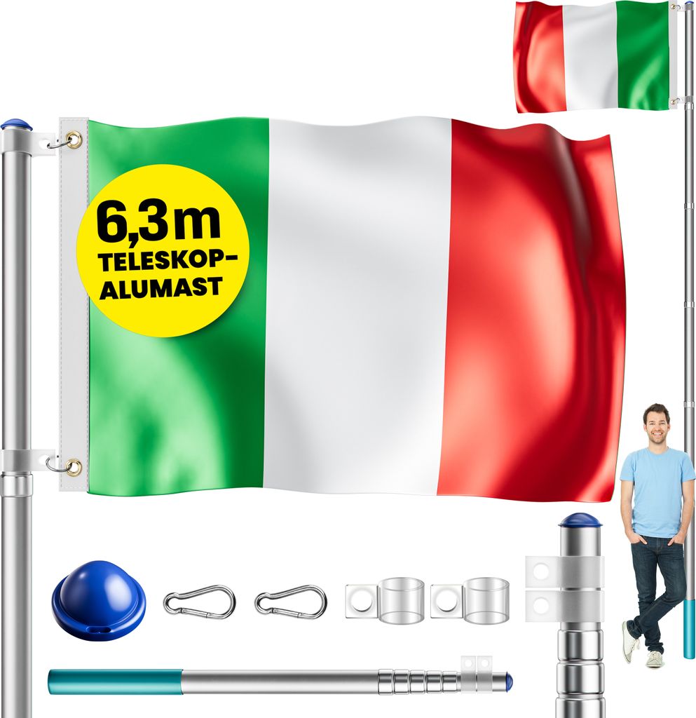 MONZANA Fahnenmast Aluminium Teleskop 630cm Bodenhülse 60cm inkl. Flagge Flaggenmast Mast Flagge Alu, Farbe:Italien
