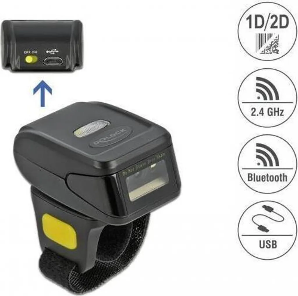Lecteur codes-barres bague 1D 2D Delock sans fil pour inventaire mobile