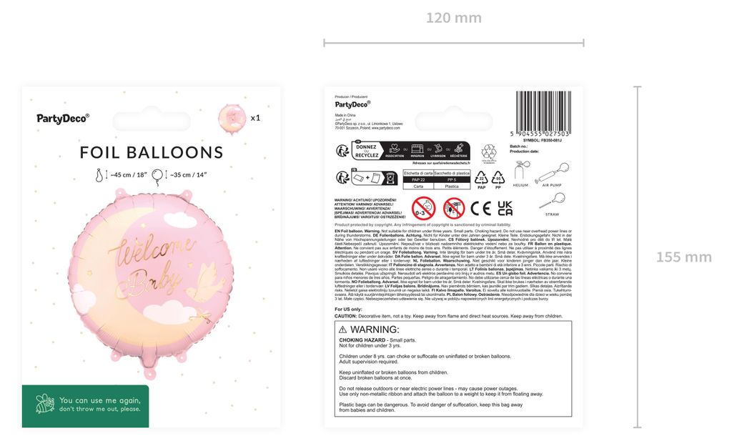 Folienballon Welcome Baby 35x35cm mit Mond und Taube rund Rosa Gold