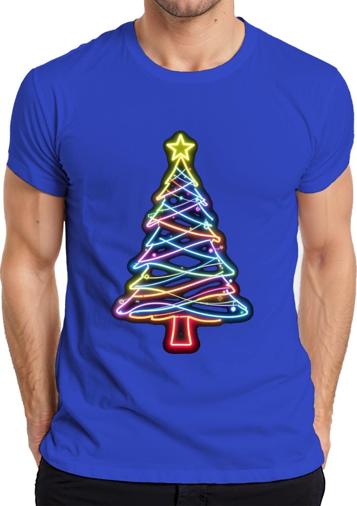 Neon Weihnachtsbaum Leuchtend Bunt Stern Neonlicht Weihnachten Herren T-Shirt, Blau, L