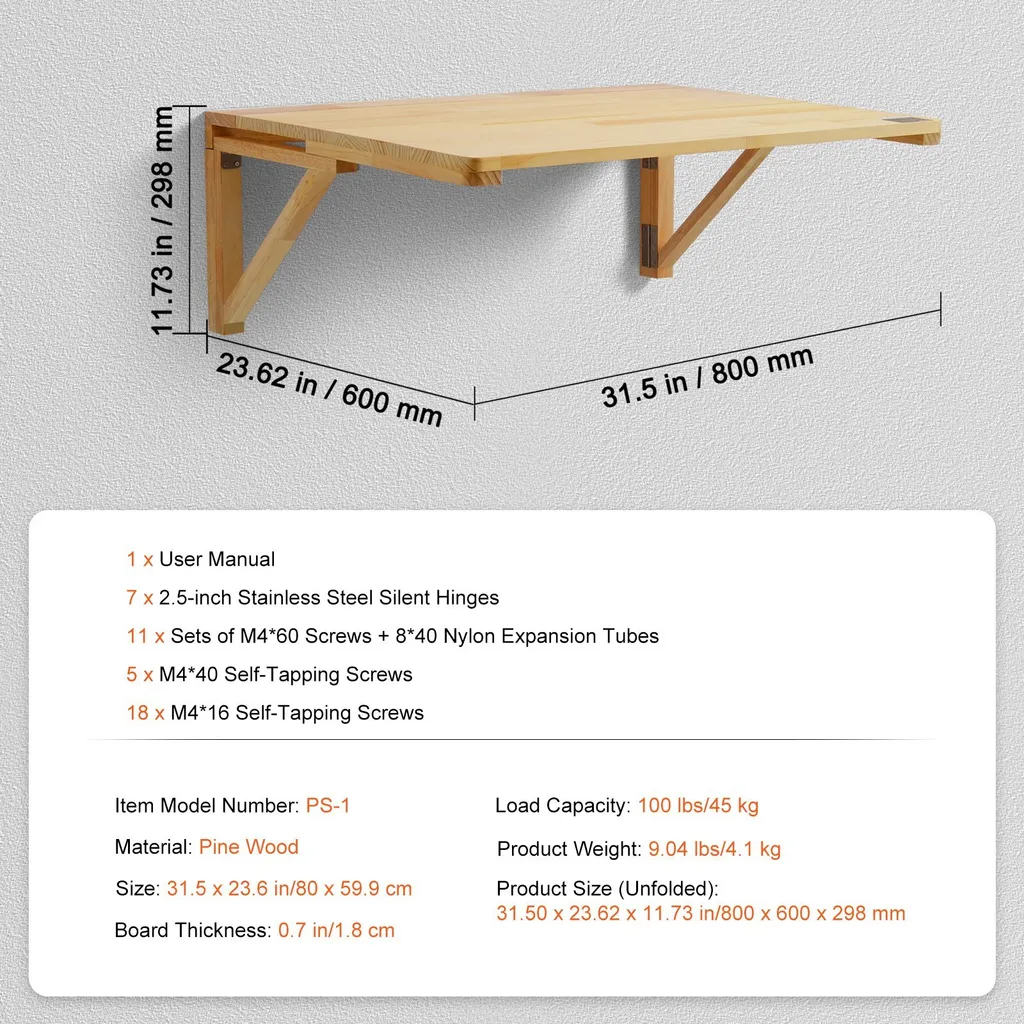 Table murale rabattable bois blanc 80x60 cm idéale petit appartement