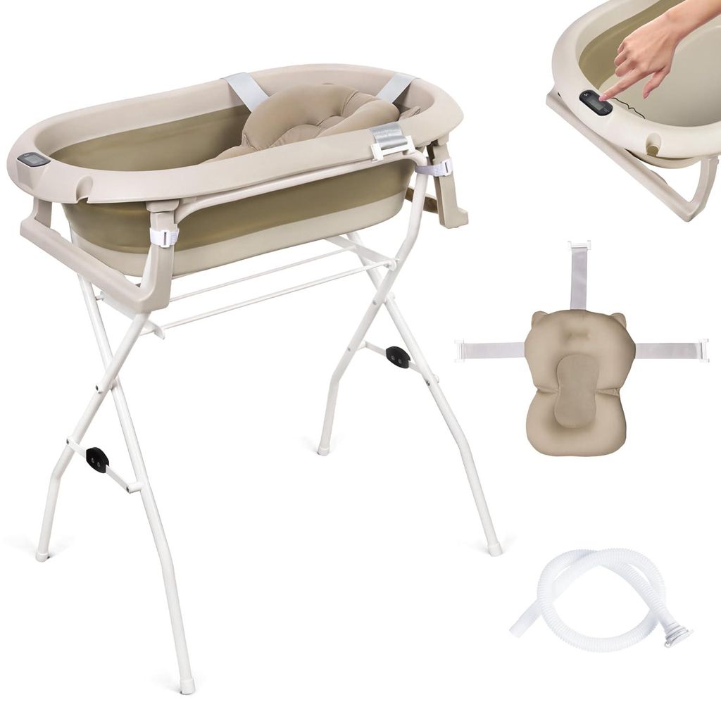 moovkee Babybadewanne mit Gestell 80cm Beige Faltbar mit Thermometer, Badekissen und Abflusssystem – Babywanne für Neugeborene mit Ständer