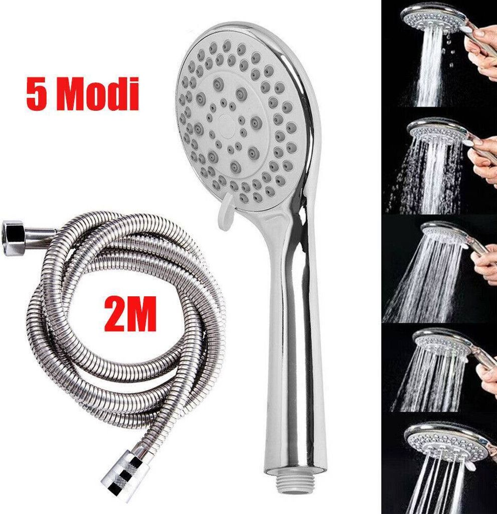 Duschkopf, 5-Modell Handbrause Hochdruck Spray mit 2,0m Schlauch, silber, 2 m