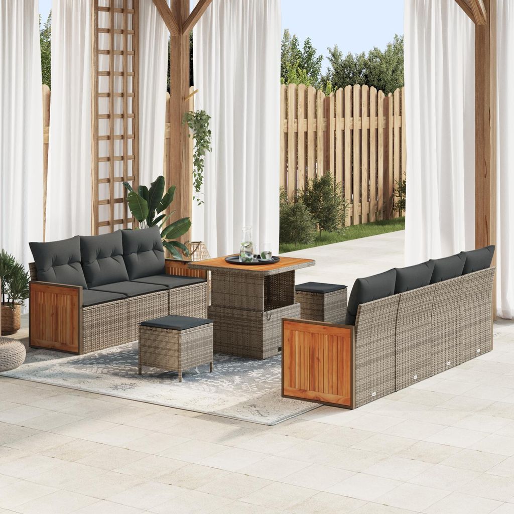 2025 Moderne Gartenlounge Set 10-teiliges Garten Sofaset mit Kissen Grau Poly Rattan Akazie - Terassenmöbel Gartenmöbel Hommie9195417