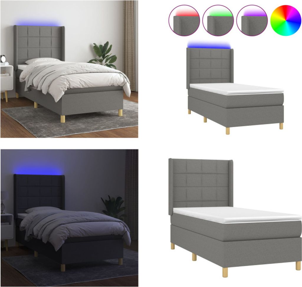 vidaXL Boxspringbett mit Matratze & LED Dunkelgrau 80x200 cm Stoff - Boxspringbett - Boxspringbetten - Bett - Schlafzimmermöbel