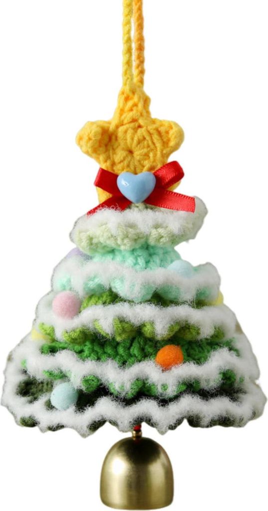 Handgemachter Mini-Weihnachtsbaumschmuck aus Strick, mehrlagig gehäkelt, schneebeflockter Baum mit goldenen Glöckchen und Sternspitze für Weihna...