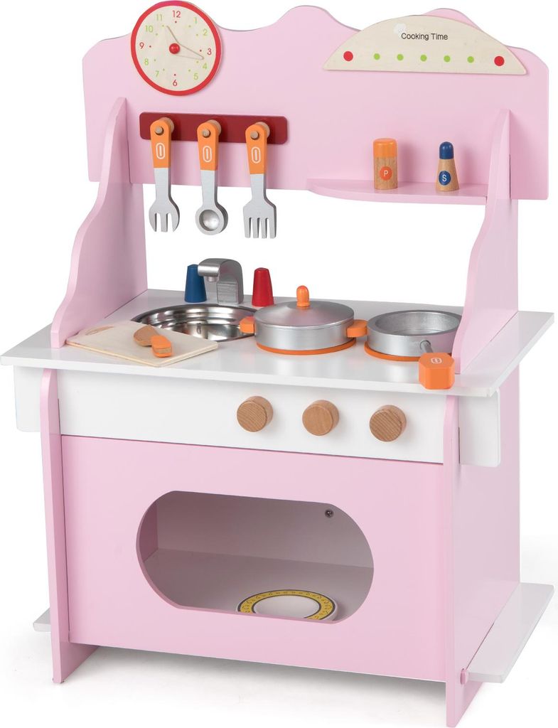 COSTWAY Kinderküche Holz, Spielküche mit 12 Zubehör, Uhr, Herd, Gewürzregal, Wasserhahn, Spüle&Ofen, Spielzeugküche, Küche Spielset für Kin...