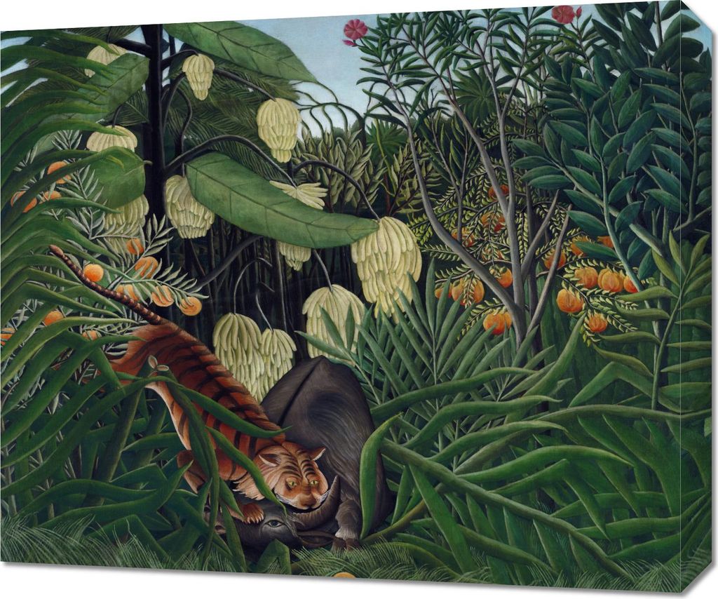 Bild 60x50cm Tiger und Büffel, Rousseau Vintage für das Wohnzimmer