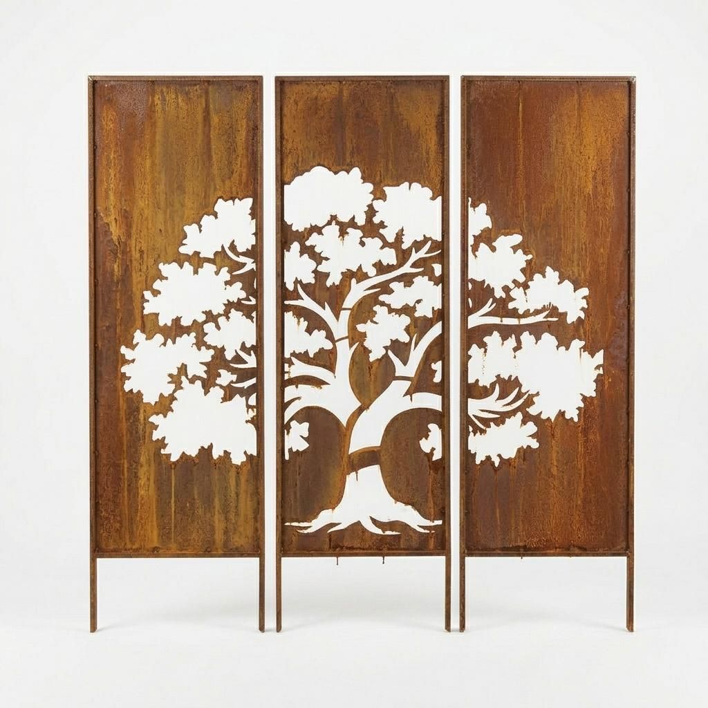 SET Sichtschutz Metall 3x mit Baum-Motiv - 160 cm x 50 cm - Edelrost - Rostoptik Sichtschutz für Garten - Sichtschutzelement - Sichtschutzwand
