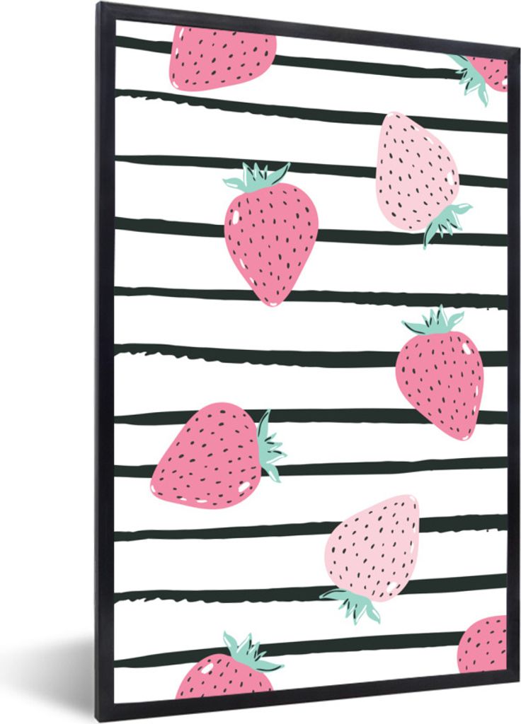 MuchoWow Gerahmtes Poster Sommer - Erdbeere - Rosa 60x90 cm - Poster mit Schwarzem Bilderrahmen Wandposter Rahmen Foto Bilder - Kunst