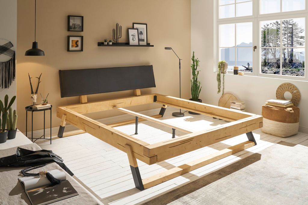 Doppelbett Fichte massiv Balkenbett 180x200 mit gepolstertem Bettkopfteil