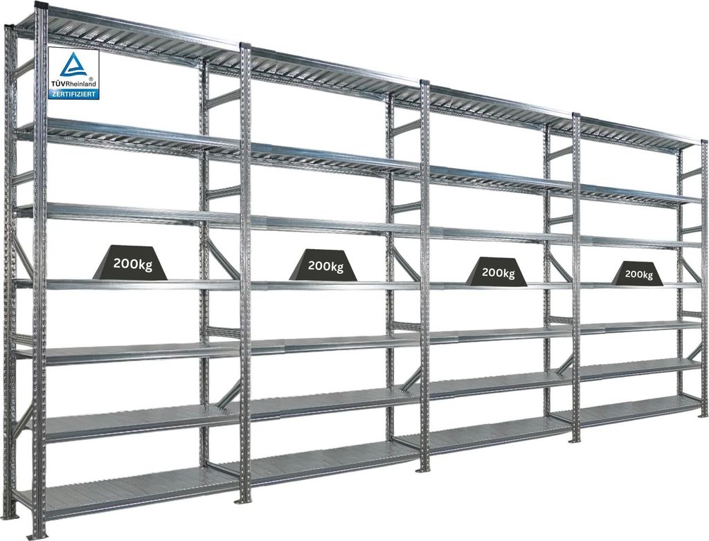 Fachbodenregal PROXIMO mit Stecksystem | Komplettregal | HxBxT 240x480x40cm | 7 Ebenen | Beidseitig nutzbar | Verzinkt