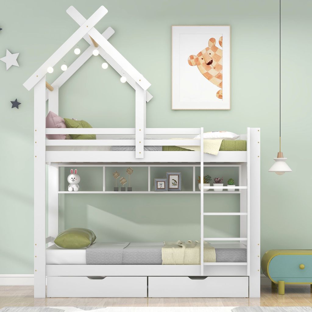 okwish Etagenbett 90x200 cm mit Schubladen und Regalen mit dreistufiger rechtwinkliger Leiter mit Absturzsicherung und Gitter, Classic Home Kinderb...