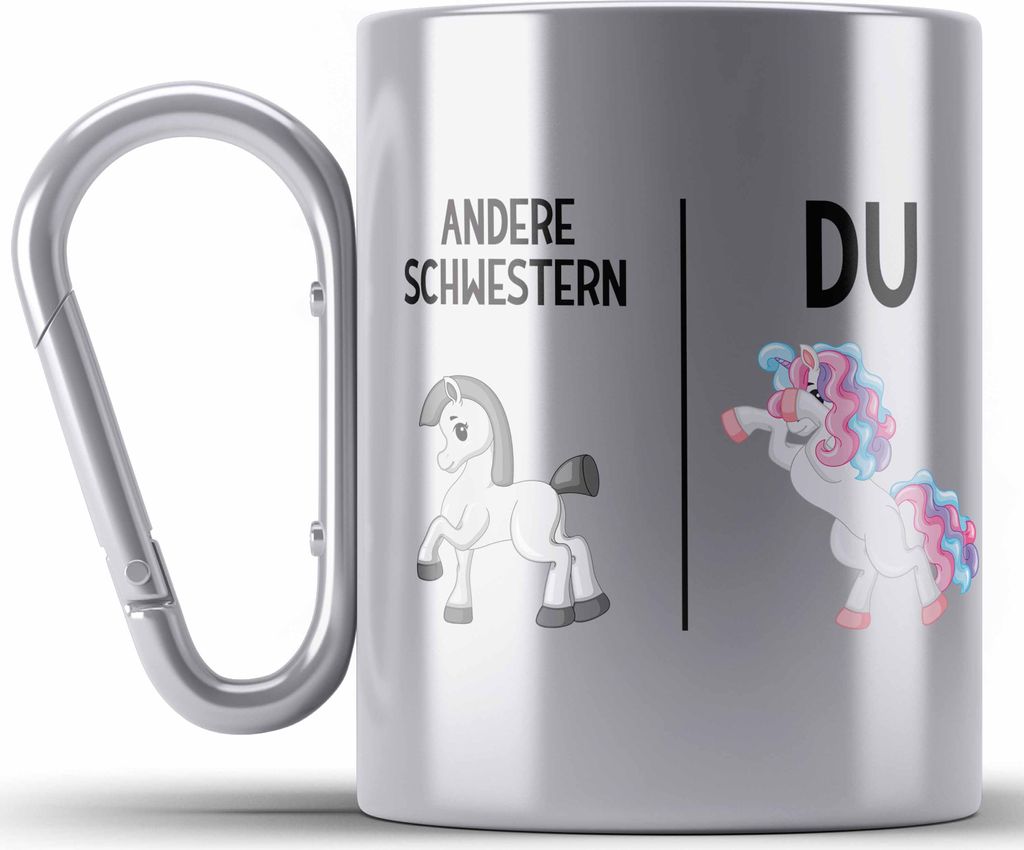Trendation - Schwester Geschenk Geburtstag Edelstahl Tasse Karabiner Geschenkideen Edelstahl Tasse Karabinern mit Spruch für Beste Schwester (Silber)