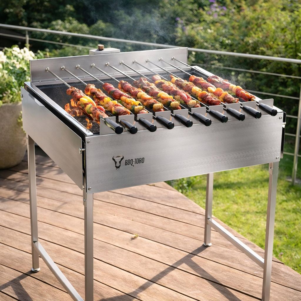 BBQ-Toro Edelstahl Kohlegrill mit Spießaufsatz 11 Spießen