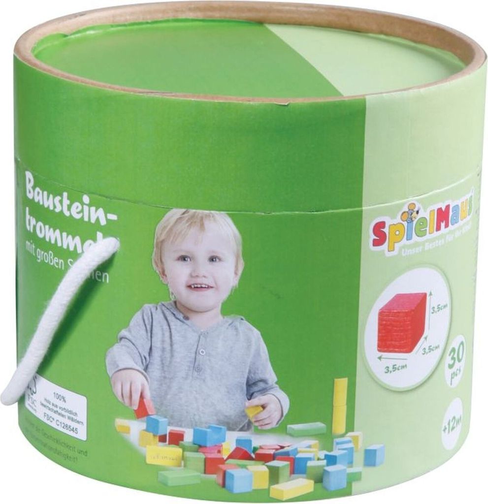 SpielMaus Holz Bausteintrommel mit großen Steinen, 30 Stck