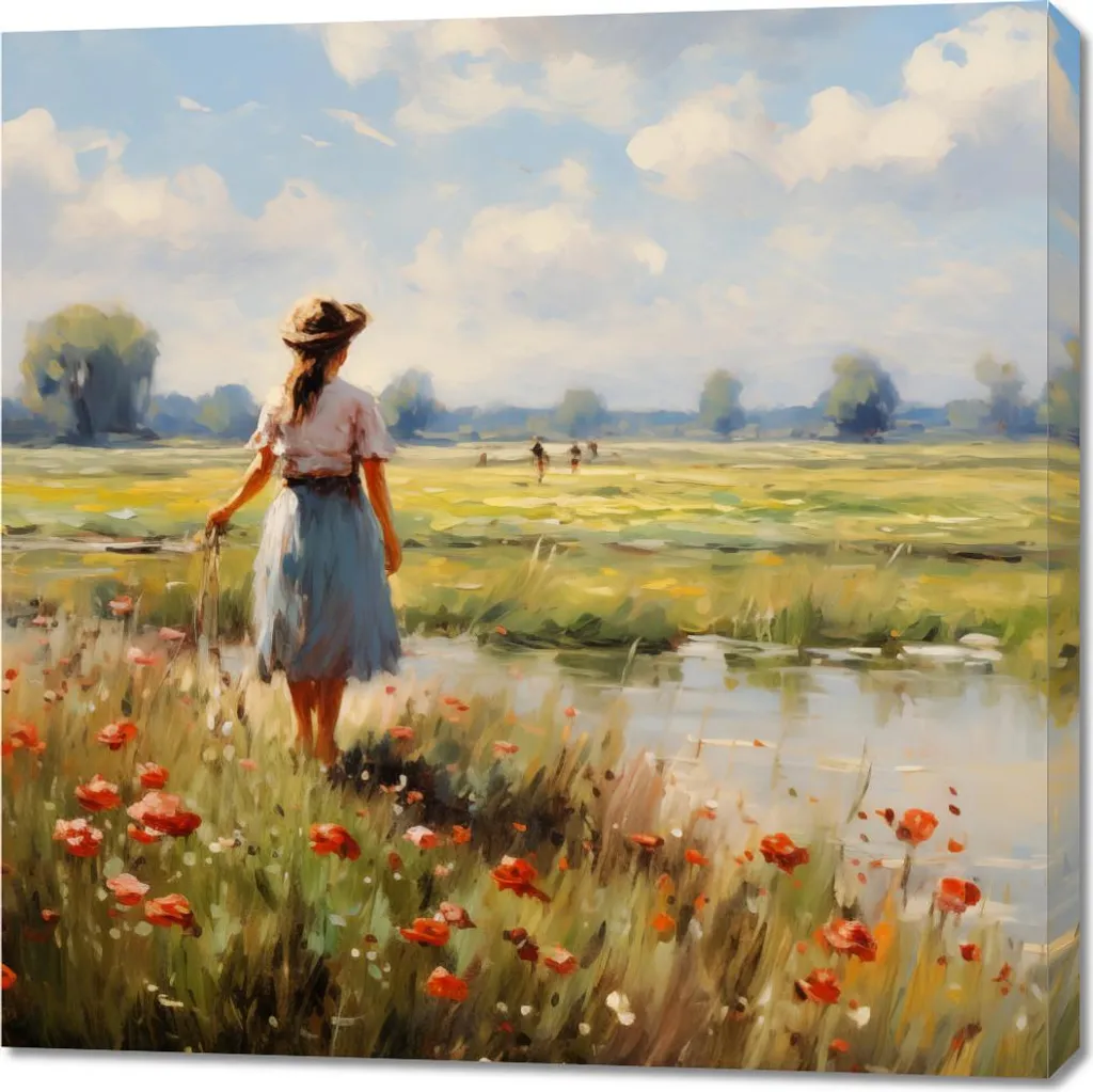 Grande Toile Murale Calme Rural 90x90 cm - Peinture Paysage pour le Salon