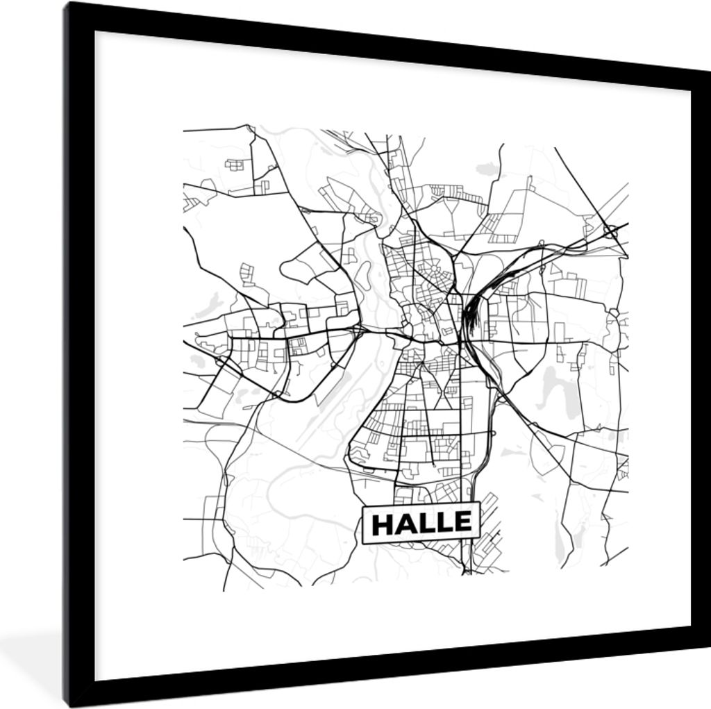 MuchoWow Gerahmtes Poster Halle - Karte - Stadtplan 40x40 cm - Poster mit Schwarzem Bilderrahmen Wandposter Rahmen Foto Bilder - Poster - Plakat ...