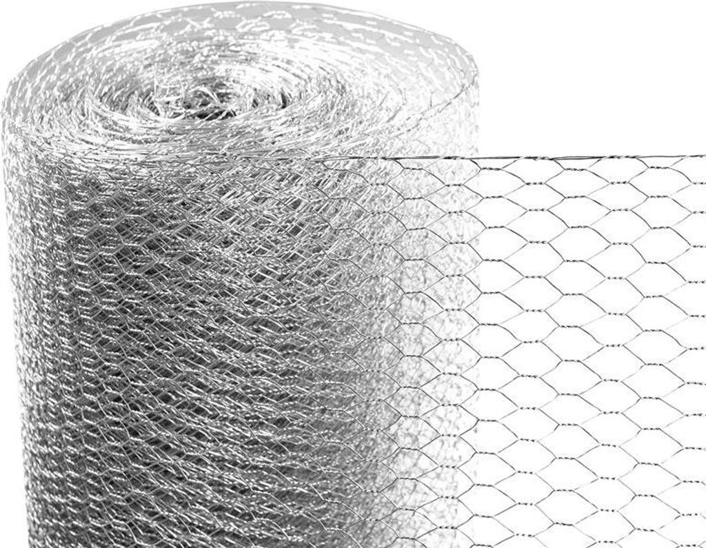 A roll of hexagonal wire mesh, also known as chicken wire or rabbit fence, is shown in the image.