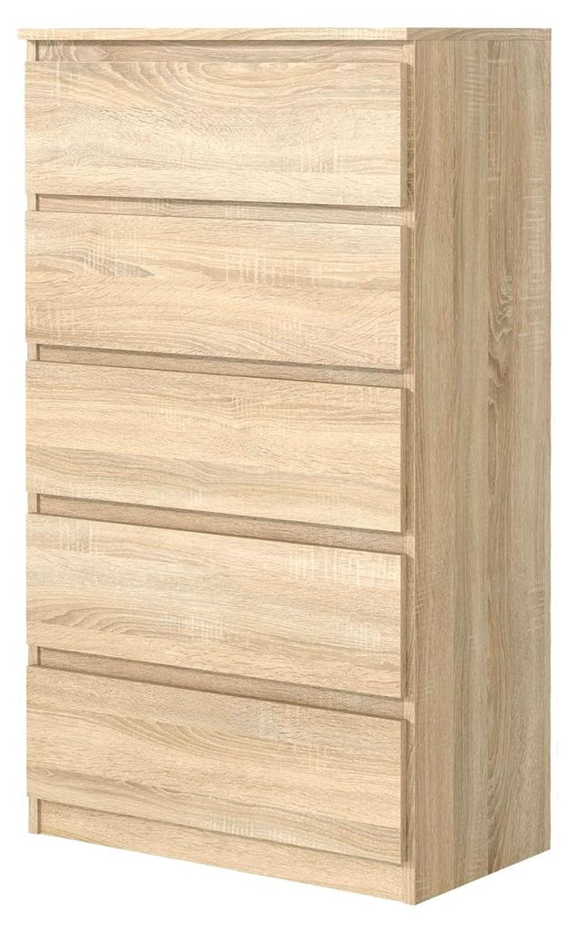 Kommode Eiche-Sonoma Matt mit 5 Schubladen, Sideboard für Wohnzimmer und Schlafzimmer, H: 124,5 cm, B: 70 cm, T: 39 cm