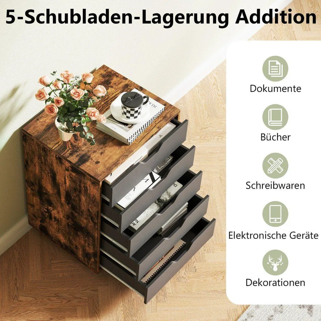 Caisson de bureau mobile bois brun 5 tiroirs pour dossiers - L40cm